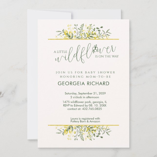 Rustic Golden Frame Wildflower on Way  Baby Shower Inbjudningar (Framsida)