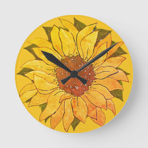 Rustic Golden Gult Solrosfärgad blommigt Rund Klocka