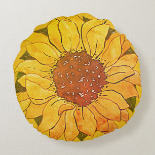 Rustic Golden Gult Solrosfärgad blommigt Rund Kudde