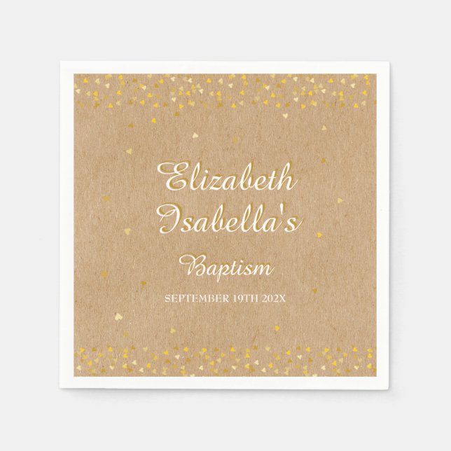 Rustic Golden Hearts Confetti Baptism Christening Pappersservett (Framsidan)