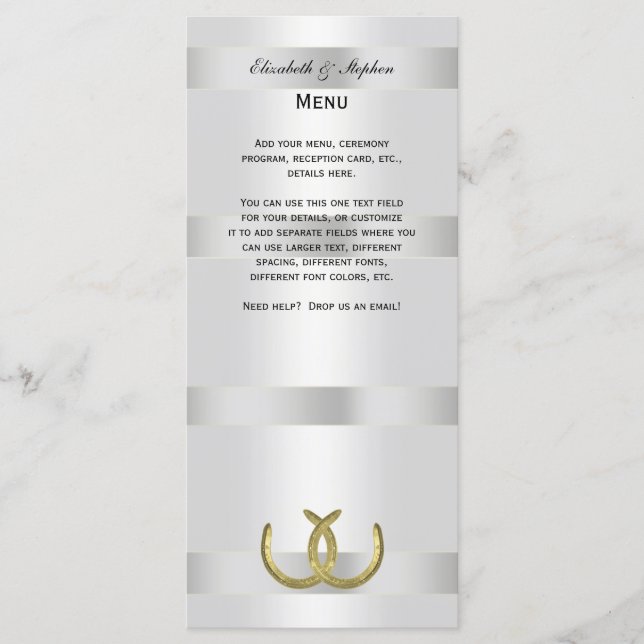 Rustic Golden Horseshoes Silver Wht Menu Card Meny (Framsida)