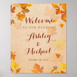 Rustic Golden Maple Leaves Fall Wedding Sign Poster