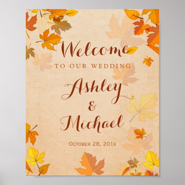 Rustic Golden Maple Leaves Fall Wedding Sign Poster (Framsidan)