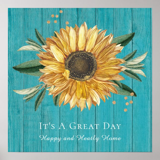 Rustic Golden Solros Teal Blue Barn Wood Poster (Framsidan)