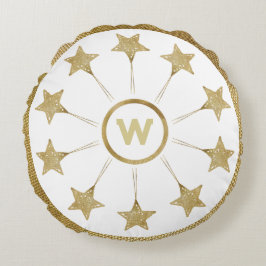 Rustic Golden Stars Mönster on White Monogram Rund Kudde