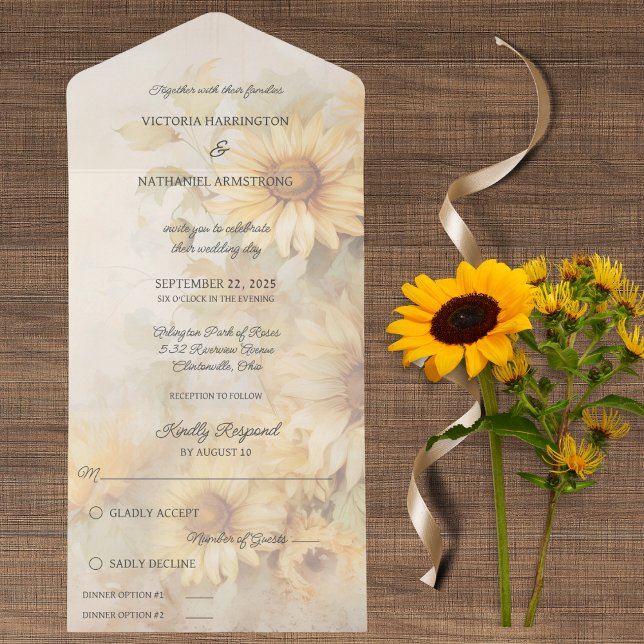 Rustic Golden Sunblommor (Also available with QR code or without dinner options. )