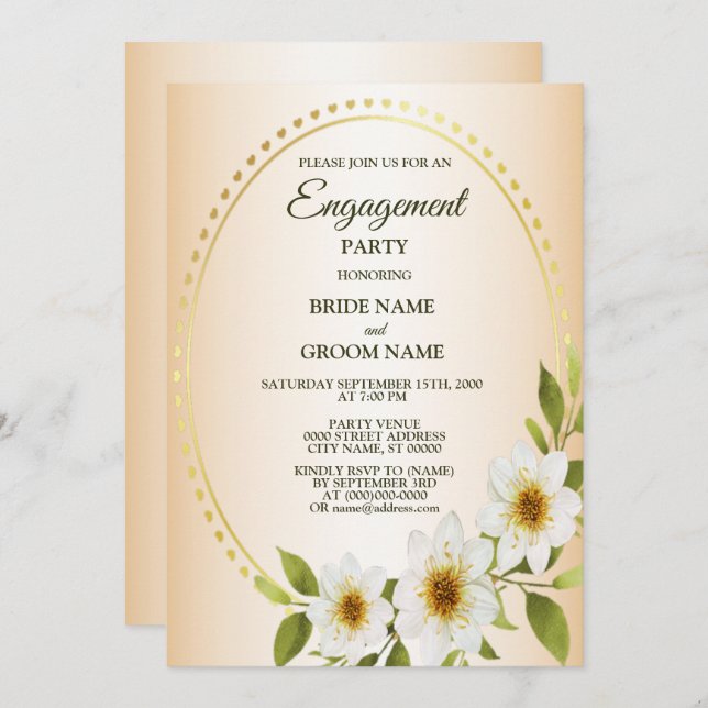 Rustic Golden White Floral Peach Engagement Party Inbjudningar (Fram/baksida)