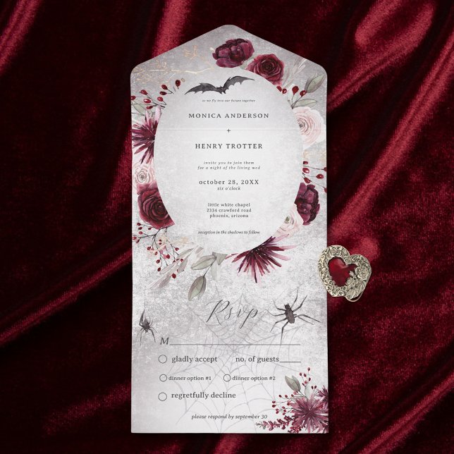 Rustic Gothic Black & Burgundy Blommigt Middag (Also available with a QR code or without dinner selection options.)