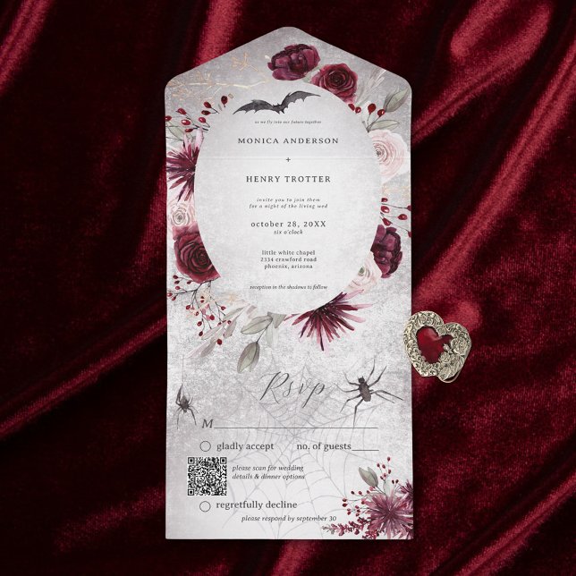 Rustic Gothic Black & Burgundy Blommigt QR-kod (Also available without a QR code; with or without dinner selection options.)