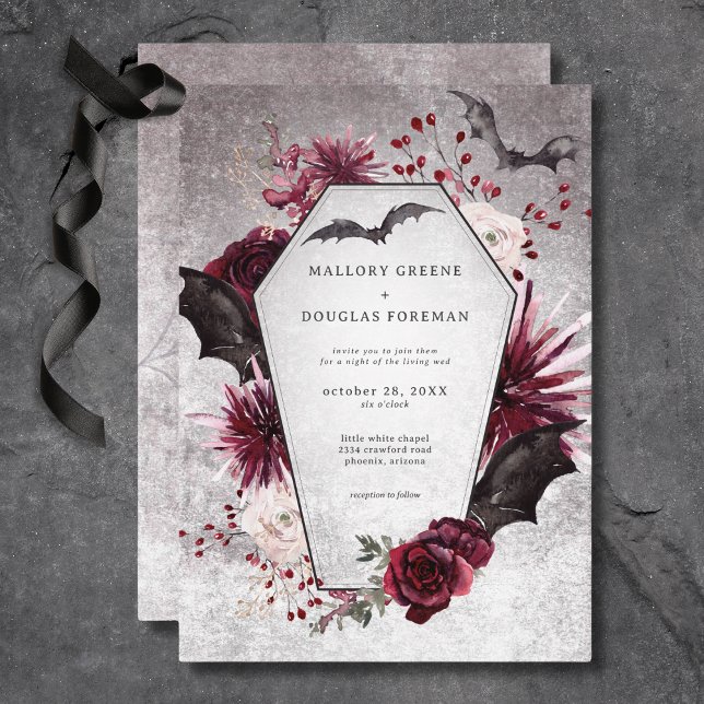 Rustic Gothic Black & Burgundy Halloween Bröllop Inbjudningar (Rustic Gothic Black & Burgundy Halloween Wedding Invitation)