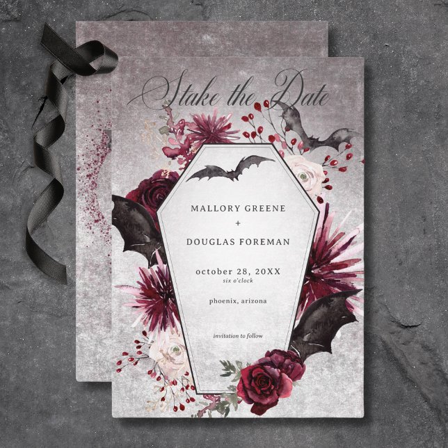 Rustic Gothic Black & Burgundy Halloween Bröllop Spara Datumet (Rustic Gothic black & Burgundy Halloween Wedding Save the Date)