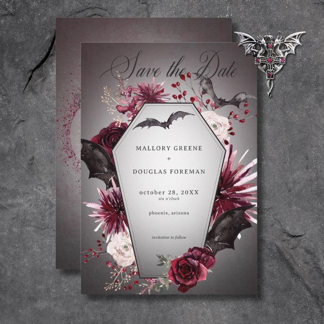 Rustic Gothic Black & Burgundy Halloween Bröllop Spara Datumet (Rustic Gothic Black & Burgundy Halloween Wedding Save The Date)