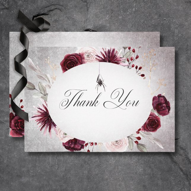 Rustic Gothic Black & Burgundy Halloween Bröllop Tack Kort (Rustic Gothic Black & Burgundy Halloween Wedding Thank You Card)