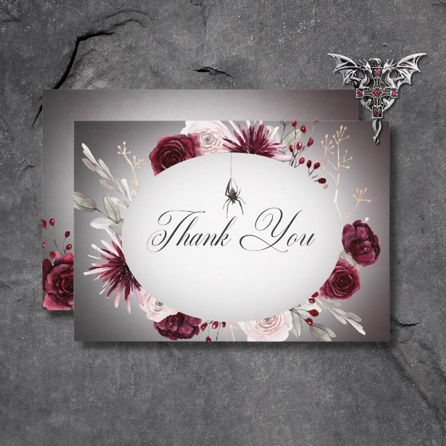 Rustic Gothic Black & Burgundy Halloween Bröllop Tack Kort (Rustic Gothic Black & Burgundy Halloween Wedding Thank You Card)