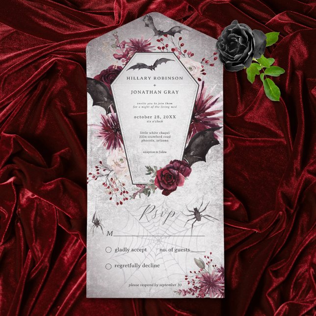 Rustic Gothic Black Burgundy Halloween, ingen midd (Also available with a QR code or with dinner selection options.)