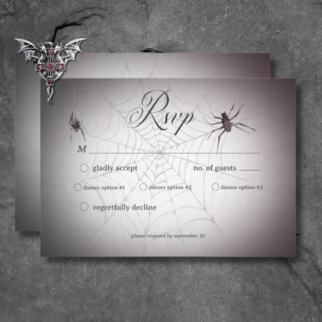 Rustic Gothic Black & Burgundy Halloween-middag OSA Kort (Rustic Gothic Black & Burgundy Halloween Dinner RSVP Card)