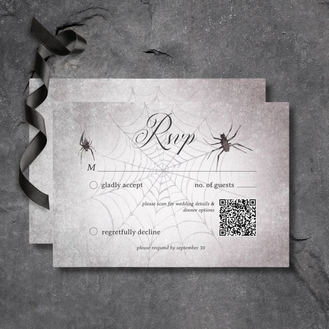 Rustic Gothic Black & Burgundy Halloween QR-kod OSA Kort (Rustic Gothic Black & Burgundy Halloween Wedding Response Card with QR Code)