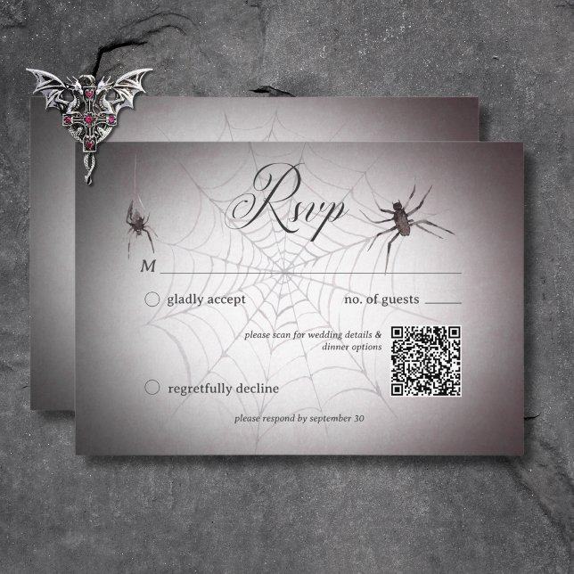 Rustic Gothic Black & Burgundy Halloween QR-kod OSA Kort (Rustic Gothic Black & Burgundy Halloween QR Code RSVP Card)