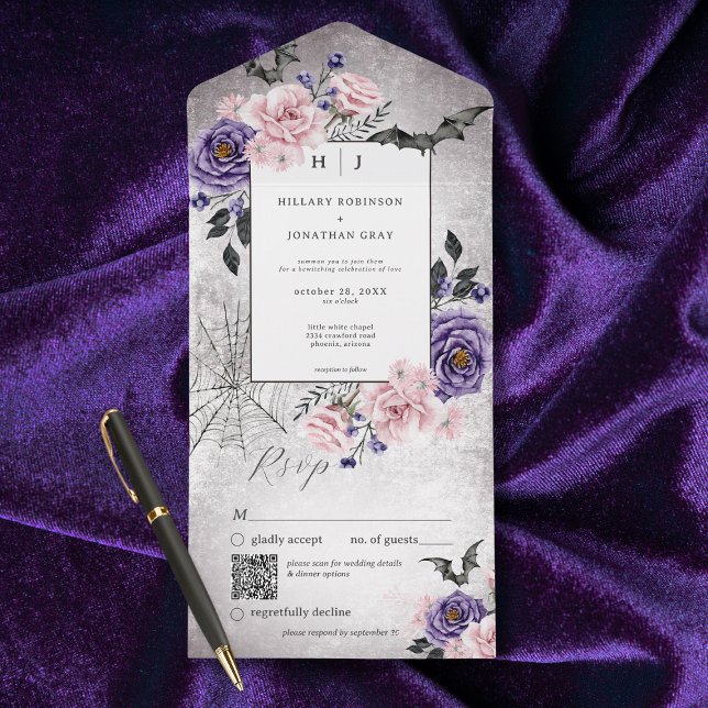 Rustic Gothic Rosa & Lila Halloween QR-kod (Also available without a QR code; with or without dinner selection options.)
