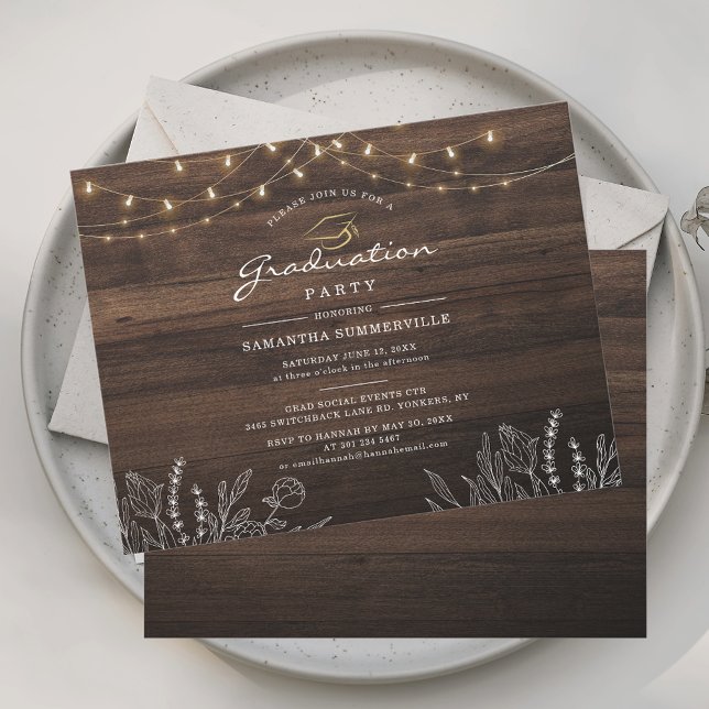 Rustic Grad 2025 Studentfest Botanical Inbjudningar (Graduation Rustic Wood Look String Lights 2025 Grad Party Invitation)