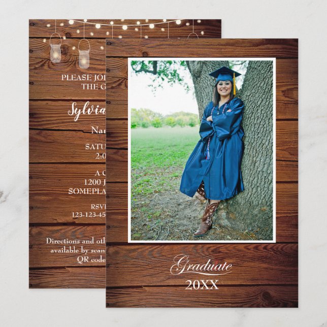 Rustic Graduation Party Invitation string lights Inbjudningar (Fram/baksida)