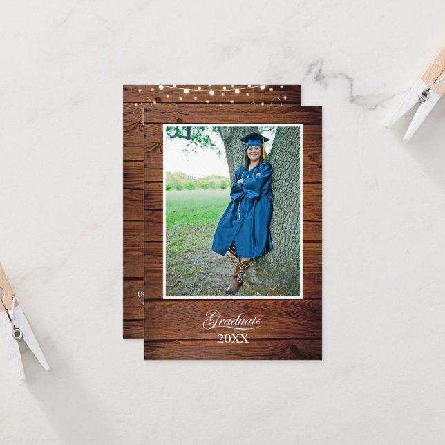 Rustic Graduation Party Invitation string lights Kort (Fram/Back In Situ)