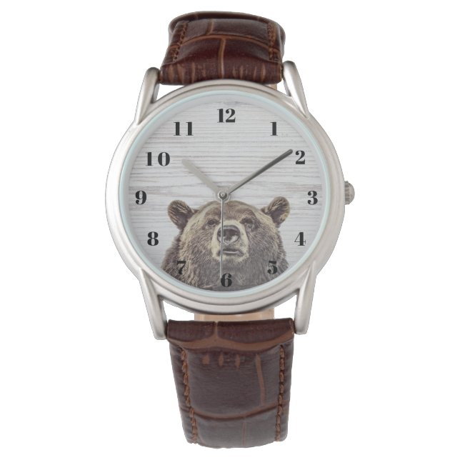 Rustic Grain Wood Peeking Bear Manar Armbandsur (Framsida)