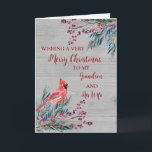 Rustic Grandson och hans fru God jul Kort<br><div class="desc">God jul för barnson och hans hustrur med vattenfärgat blad,  en kardinal och trä mönster och en tankfull vers.</div>