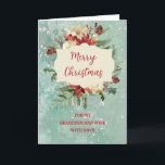 Rustic Grandson och hans fru jul Kort<br><div class="desc">God jul för barnson och hans hustru-kort med vattenfärgad blommigt arrangemang och snöbakgrund och tankfull vers.</div>