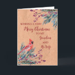 Rustic Grandson och hans fru jul Kort<br><div class="desc">God jul för barnson och hans hustrur med vattenfärgat blad,  en kardinal och vintage pappra mönster och en tankfull vers.</div>