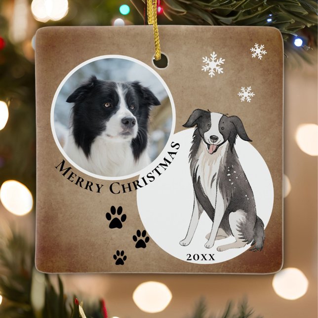 Rustic Gräns Collie Teckning Tass God jul Julgransprydnad Keramik (Skapare uppladdad)