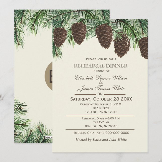 Rustic gräs cone fir vinterrepetitionsmiddag inbjudningar (Fram/baksida)