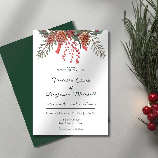 Rustic Gräs Cone Greenery jul Winter Wedding Inbjudningar (Rustic Pine Cone Greenery Christmas Winter Wedding Invitation)