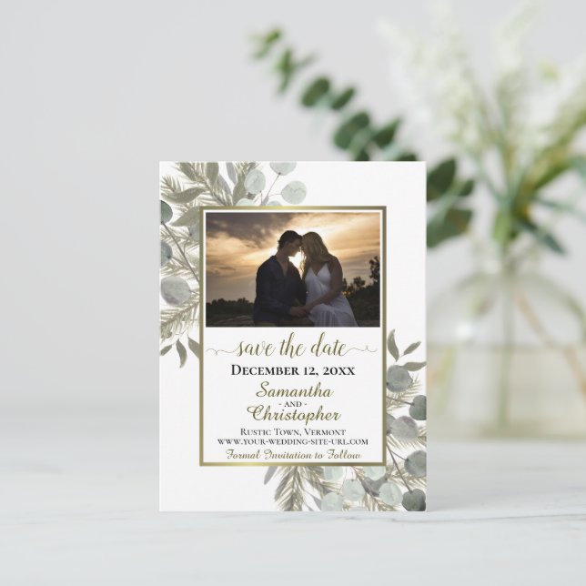 Rustic Gräs & Eucalyptus White Save Date Photo Meddelande Vykort (Stående Fram)