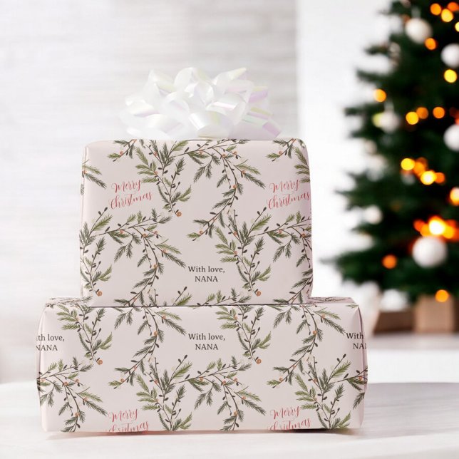 Rustic Gräs Grenar Helgdag rosa God jul Presentpapper (Rustic Pine Branches Holiday pink Merry Christmas Wrapping Paper)