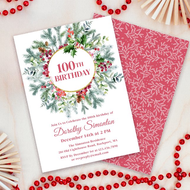 Rustic Gräs Holly Berry Wandeans 100:e födelsedag Inbjudningar (Matching party supplies available - napkins, welcome signs etc. Message me for help finding them. )