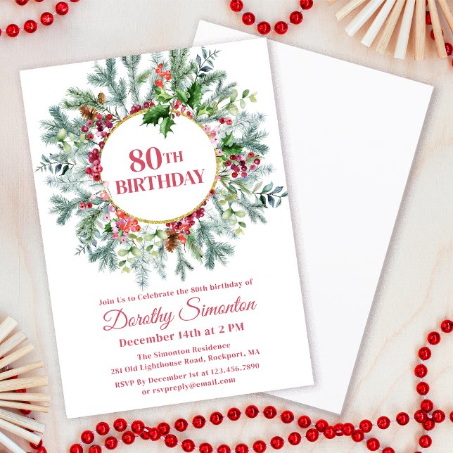 Rustic Gräs Holly Berry Wandeans 80:e födelsedag Inbjudningar (Need matching party supplies? Welcome signs, napkins, paper plates. Something else? Message me!)