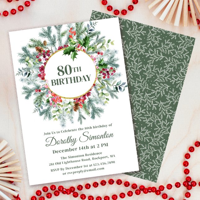 Rustic Gräs Holly Berry Wandeans 80:e födelsedag Inbjudningar (Need matching party supplies? Welcome signs, napkins, paper plates. Something else? Message me!)