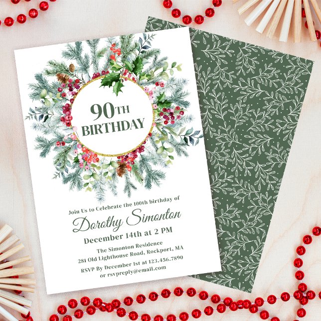 Rustic Gräs Holly Berry Wans 90:e födelsedag Inbjudningar (Need matching party supplies? Welcome signs, napkins, papper plates. Message me!)