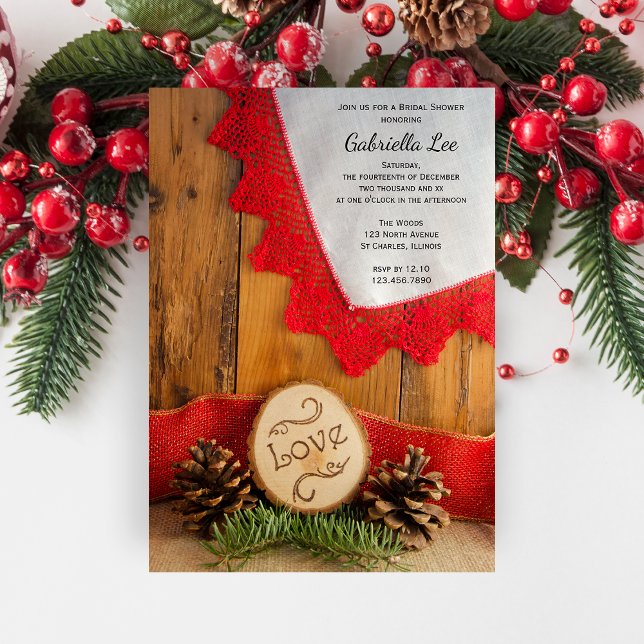 Rustic Gräs och Red Snöre Möhippa Inbjudningar (Set a festive tone with the Rustic Pines and Red Lace Winter Woodland Bridal Shower Invitation.)