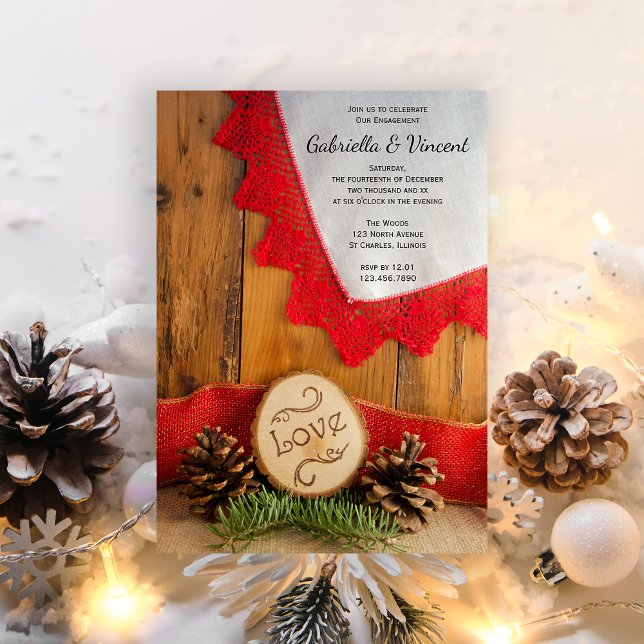 Rustic Gräs och Red Snöre Winter Förlovningsfest Inbjudningar (Celebrate your winter engagement with the festive Rustic Pines and Red Lace Woodland Invitation.)