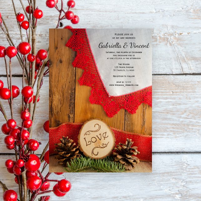 Rustic Gräs och Red Snöre Winter Wedding Inbjudningar (Set a festive tone for your marriage with the Rustic Pines Red Lace Barn Wedding Invitation.)
