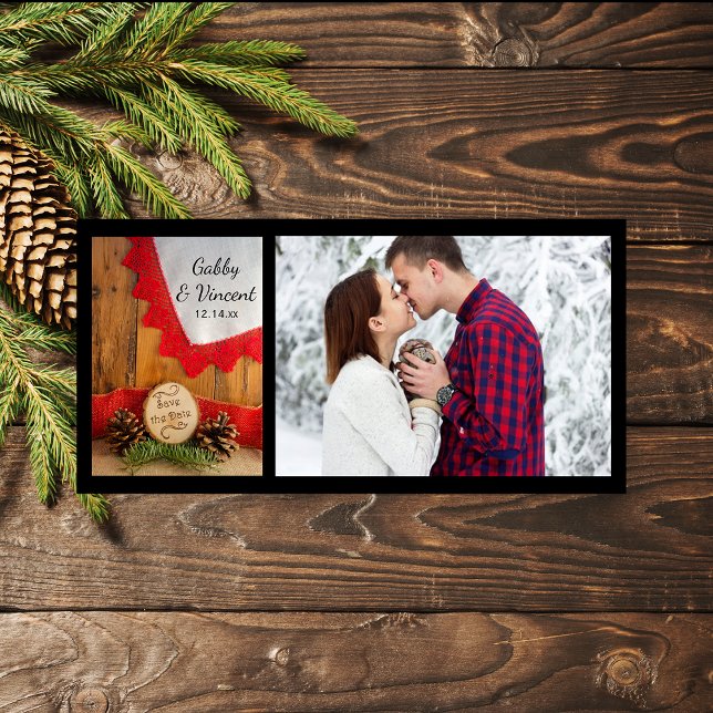 Rustic Gräs Red Snöre Skogen Bröllop spara datum Datumet (Set a woodsy tone with the Rustic Pines and Red Lace Woodland Wedding Save the Date Photo Card.)