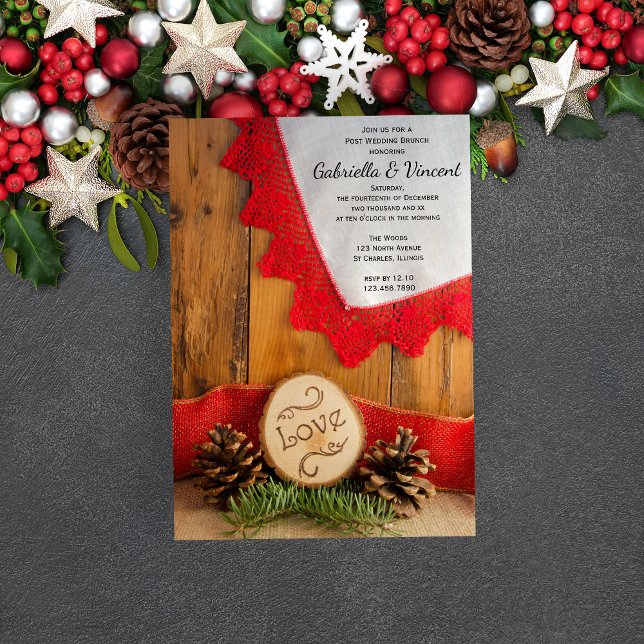 Rustic Gräs Red Snöre Winter Post Bröllop Brunch Inbjudningar (Set a festive tone with the Rustic Pines and Red Lace Winter Woodland Post Wedding Brunch Invitation)
