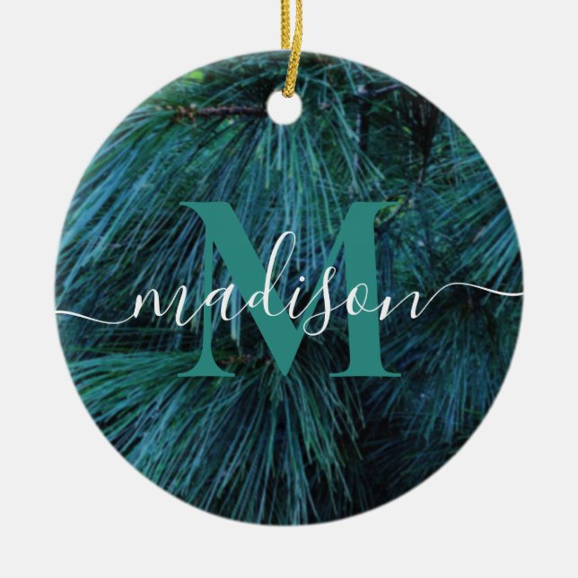 Rustic gräs träd conifer evergreen monogram julgransprydnad keramik (Framsidan)