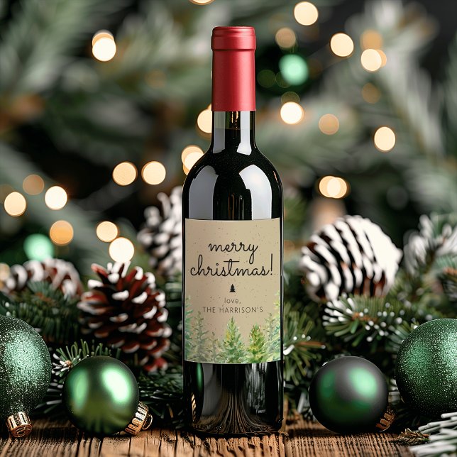 Rustic Gräs Träd God jul Vinflaska Etikett (Rustic Pine Trees Merry Christmas Wine Label)