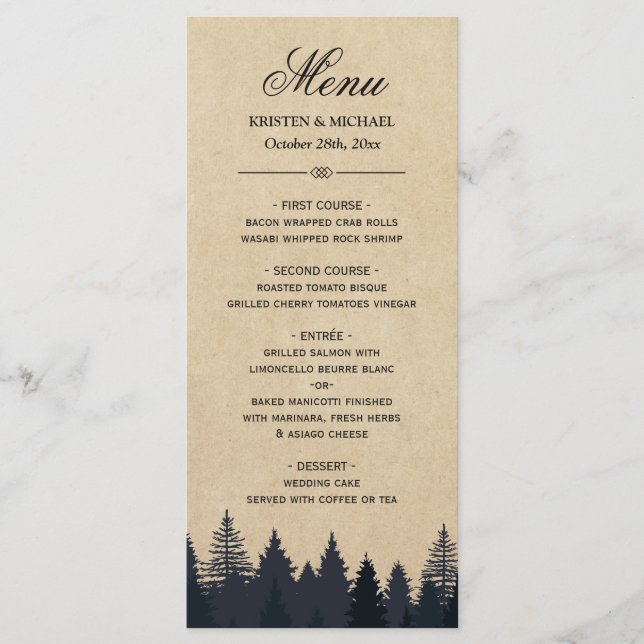 Rustic Gräs Träd Kraft Winter Wedding Menu Meny (Framsida)
