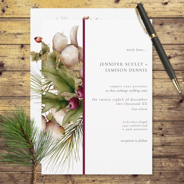 Rustic Gräs Winter Bouquet Red Inbjudningar (Also available with a gold foil line instead of deep red.)