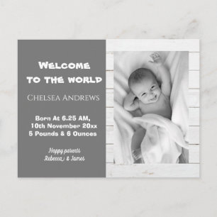 Rustic Grått Baby Photo Birth Announcement Postcar Vykort