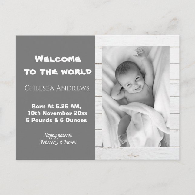 Rustic Grått Baby Photo Birth Announcement Postcar Vykort (Framsida)